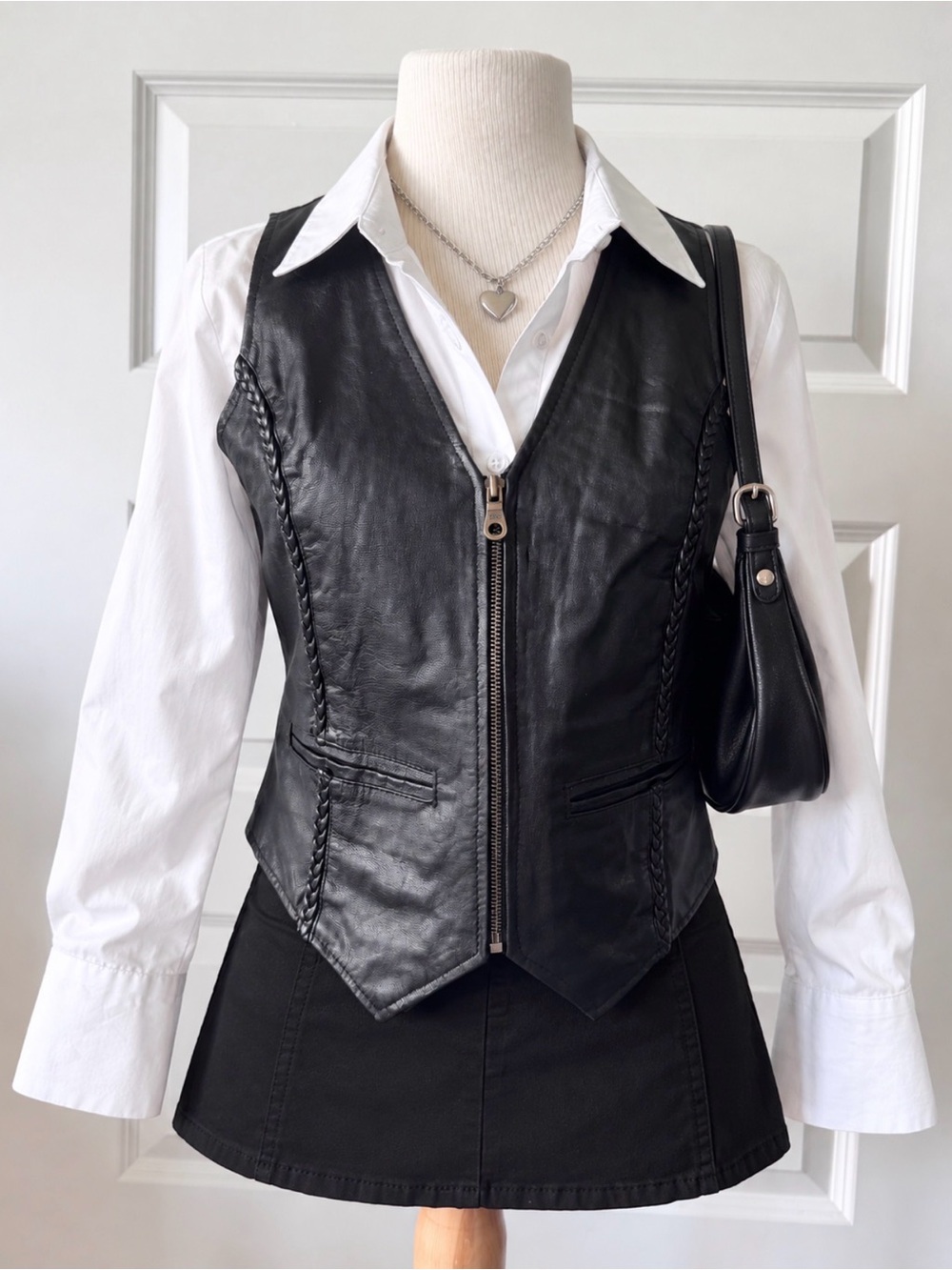 Vintage Genuine Leather Black Braided Moto Vest